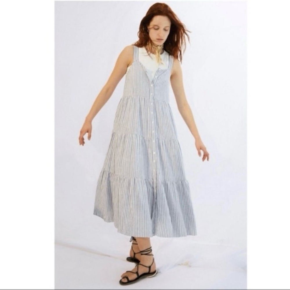 Madewell Linen-Blend Button-Front Tiered flowy Midi Dress in Stripe XXL